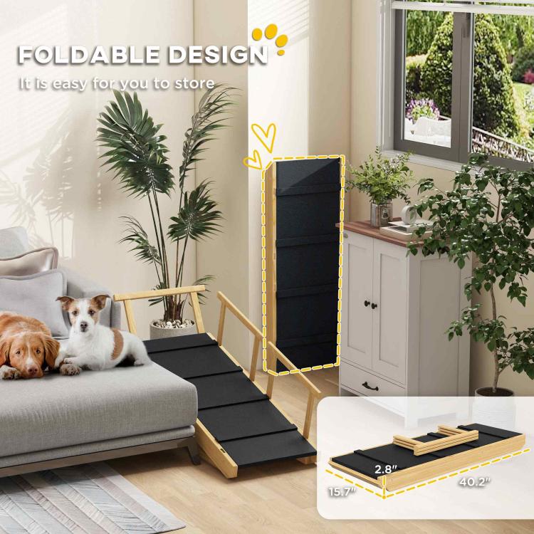 Foldable dog ramp with black non-slip mat and wooden side supports