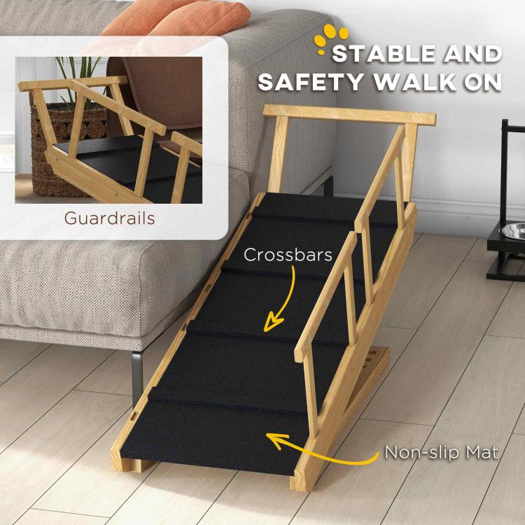 Stable dog ramp with guardrails, crossbars, and black non-slip mat for traction
