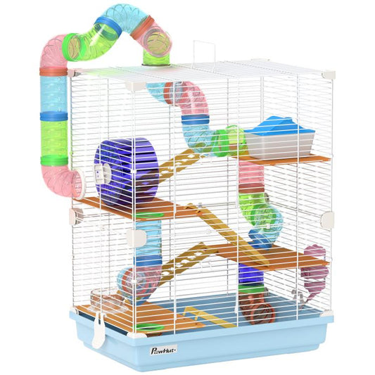 Light blue 5-tier hamster cage with white wire walls, ramps, and colorful connecting tubes
