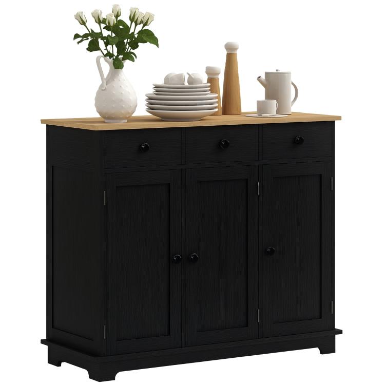 Black wood grain kitchen sideboard with light wood top, 3 drawers, and 3 cabinet doors