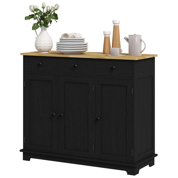 Black kitchen sideboard with light wood top, paneled cabinet doors, and 3 drawer fronts
