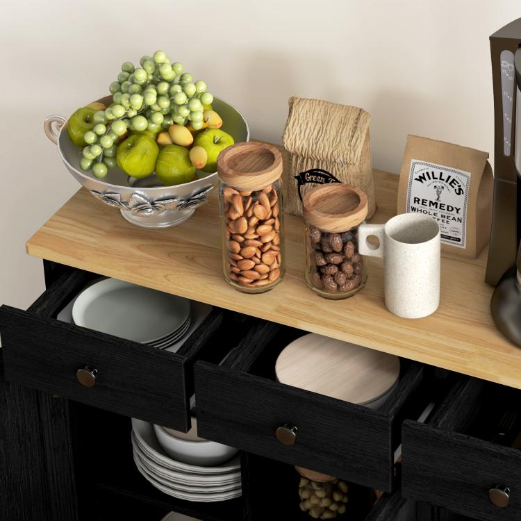 Black sideboard cabinet with solid wood top and three drawers, lower shelf storage