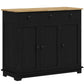 Black kitchen sideboard cabinet with solid wood top, three drawers and two doors