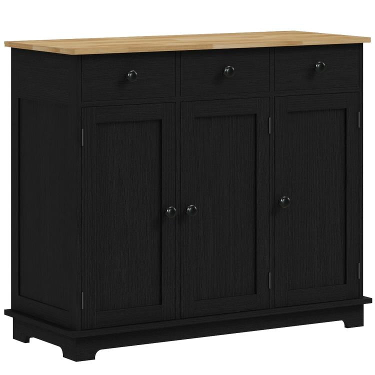 Black kitchen sideboard cabinet with solid wood top, three drawers and two doors