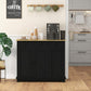 Black buffet cabinet with light wood top, paneled doors, and three drawer handles