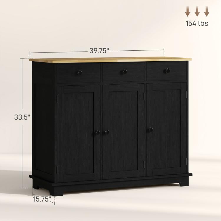 Black sideboard cabinet with light wood top, 3 panel doors, and 3 drawers