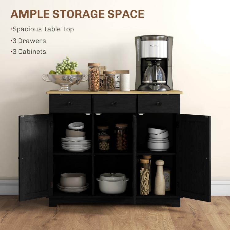 Black buffet cabinet with light wood top and open shelves with storage items