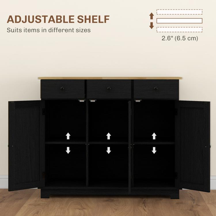Black sideboard interior with adjustable shelves behind cabinet doors