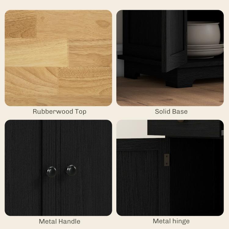 Black cabinet hardware and light wood top close-up: metal handle and hinge