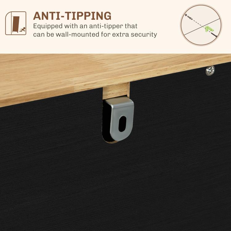 Anti-tipping floor bracket under light wood top with metal mounting clip