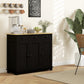 Black kitchen storage sideboard with light wood top, paneled doors, and drawer fronts