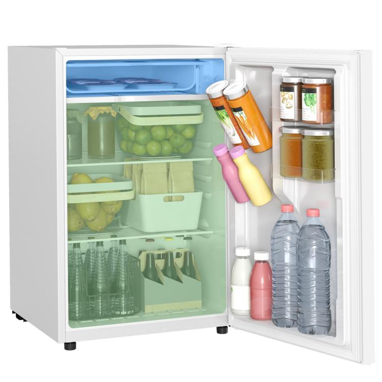 White mini fridge with freezer door open, interior shelves stocked with bottles and food