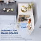 White mini fridge with door open, freezer drawer and shelves with bottles and containers