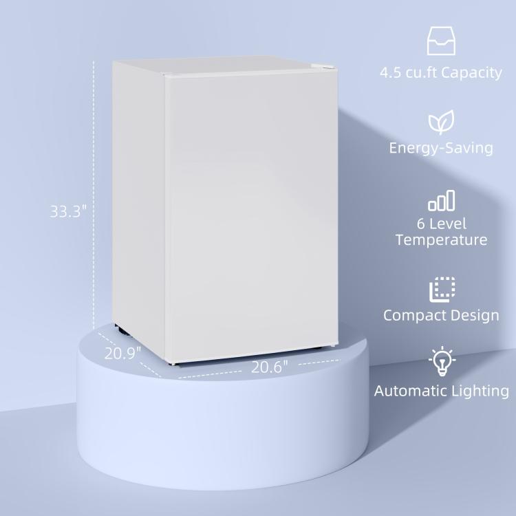 White mini fridge front view with door closed, compact rectangular design