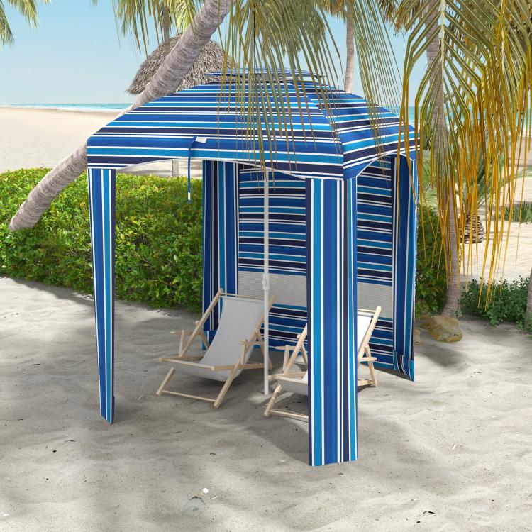 Blue striped cabana umbrella with side curtains, mesh panels, and pointed poles