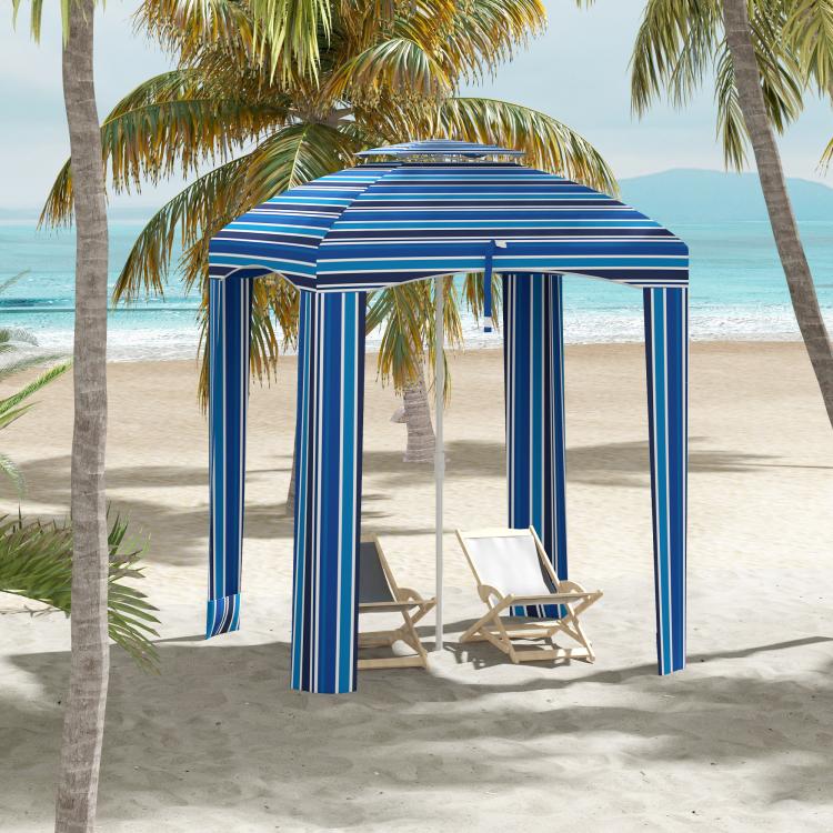 Blue striped cabana umbrella with open front, side walls, and mesh window