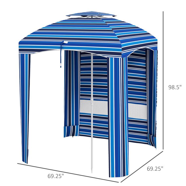 Blue striped cabana umbrella shown with size dimensions and support poles
