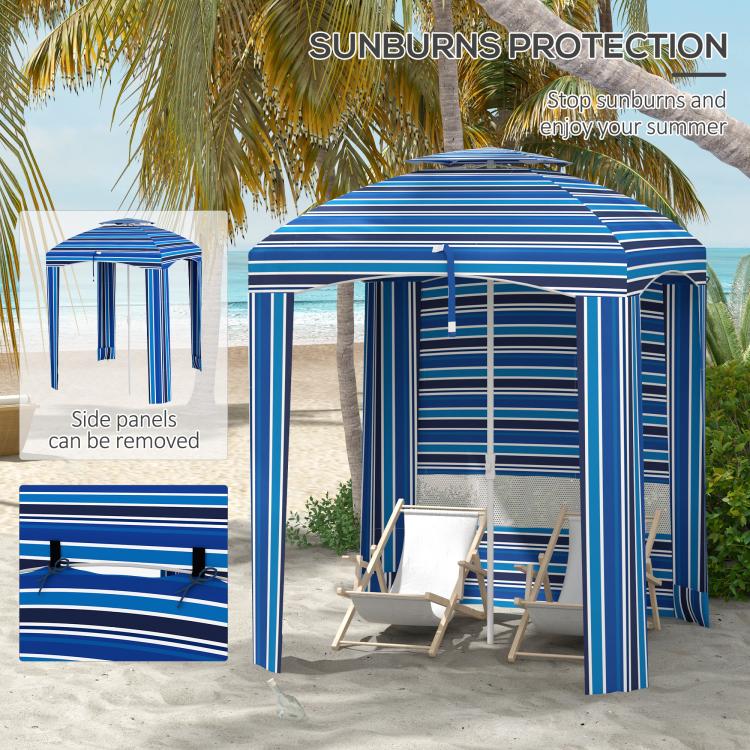 Blue striped cabana umbrella with side panels and mesh windows (close view)