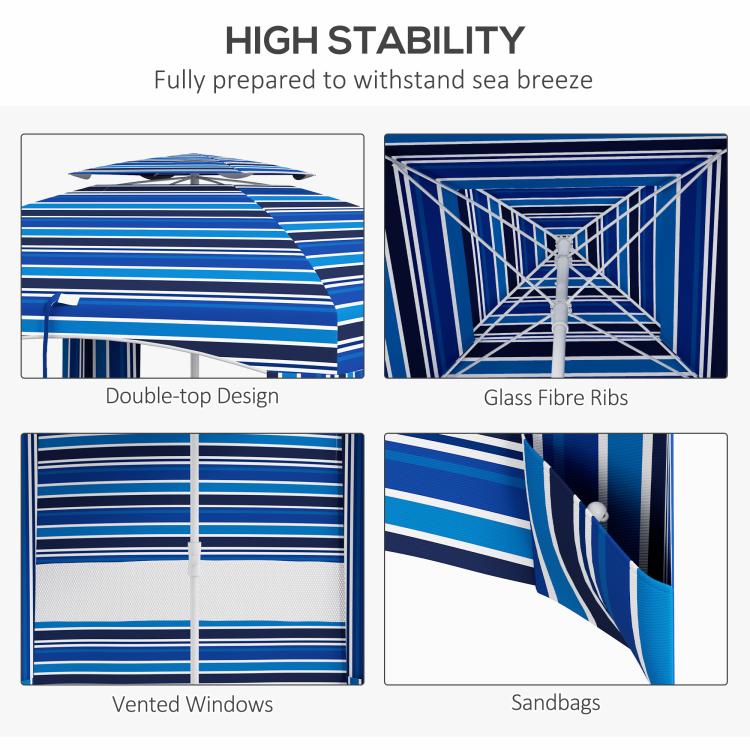 Blue striped cabana umbrella detailing vented windows and sandbags design (diagram)