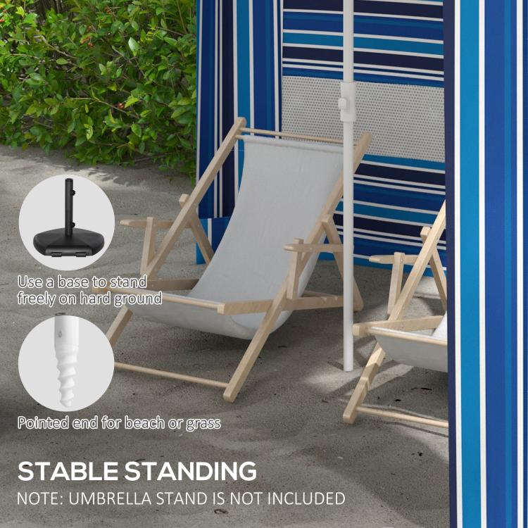 Blue striped cabana umbrella base area with pointed stand poles and mesh wall panel