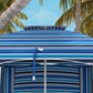 Top view of blue striped cabana umbrella with vented roof panel and support bar