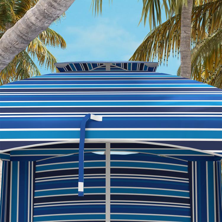 Top view of blue striped cabana umbrella with vented roof panel and support bar