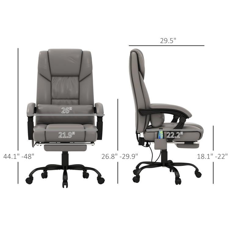 Gray massage office chair with high backrest and retractable footrest, shown with size guides