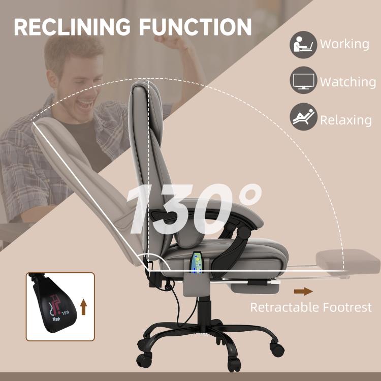 Gray reclined massage office chair with retractable footrest and swivel base