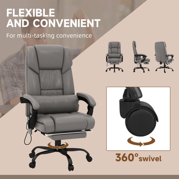 Gray massage office chair with rounded back, padded seat, and 360° swivel base