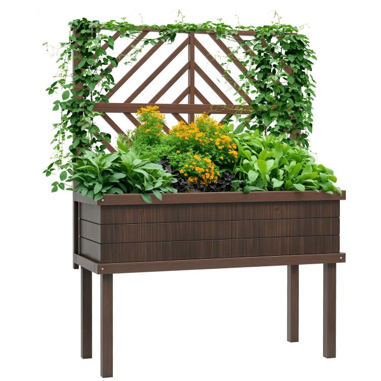 Dark wood elevated planter box with trellis, raised legs, and climbing frame