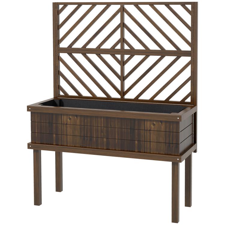 Dark wood raised planter with trellis panel and four sturdy legs