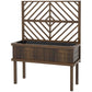 Dark wood raised planter with trellis panel and drainage holes on four legs