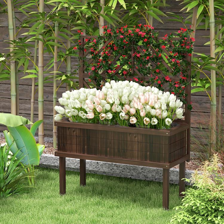 Dark wood raised planter bed with trellis, filled with red and white blooms