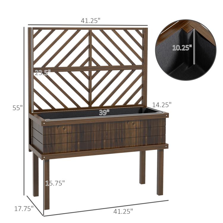 Dark wood raised planter with trellis, shown with size measurements and corner view