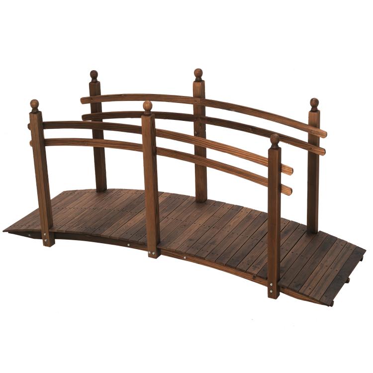 Carbonized fir wood arc garden bridge walkway with side railings and arched top bars
