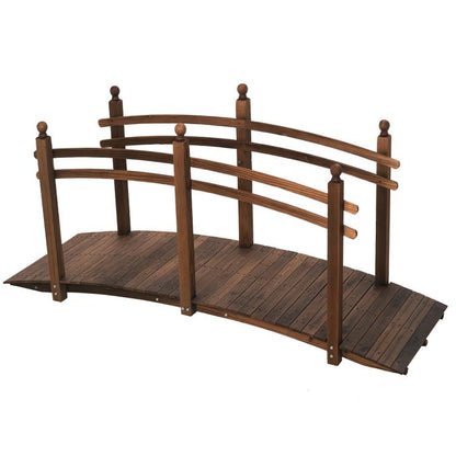 Carbonized fir wood arc garden bridge walkway with side railings and arched top bars