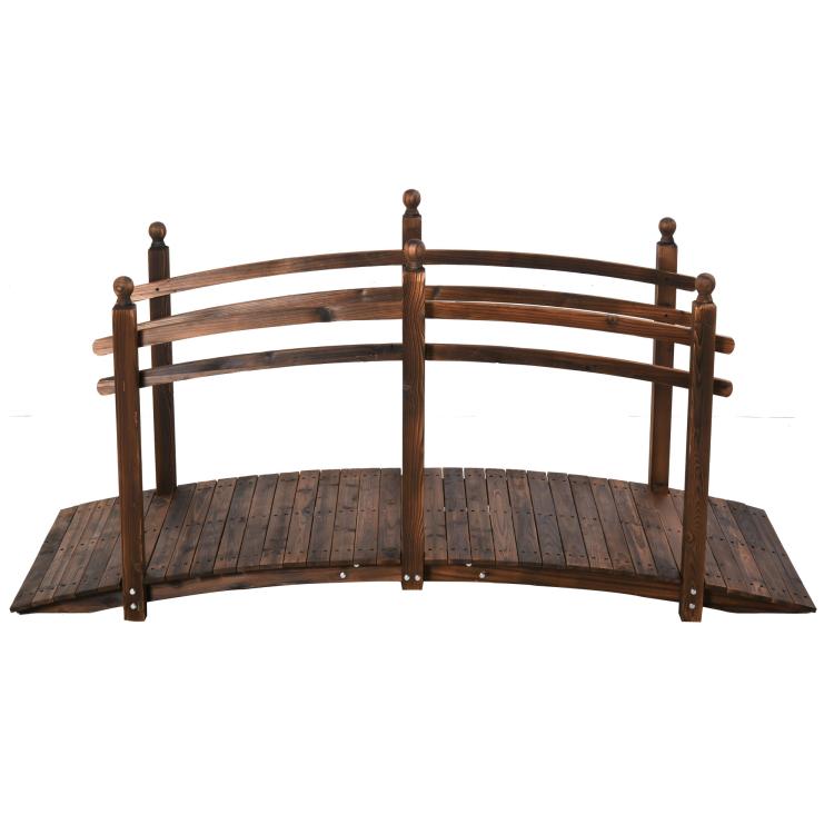 Arc garden bridge walkway with dark brown wooden deck and curved side railings