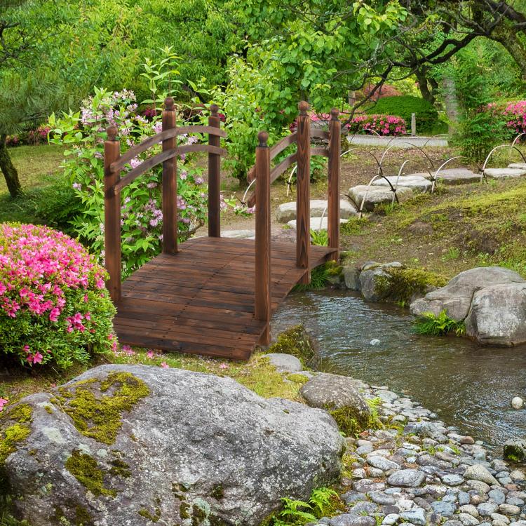 Wooden arched bridge walkway with side railings over a small stream in a garden