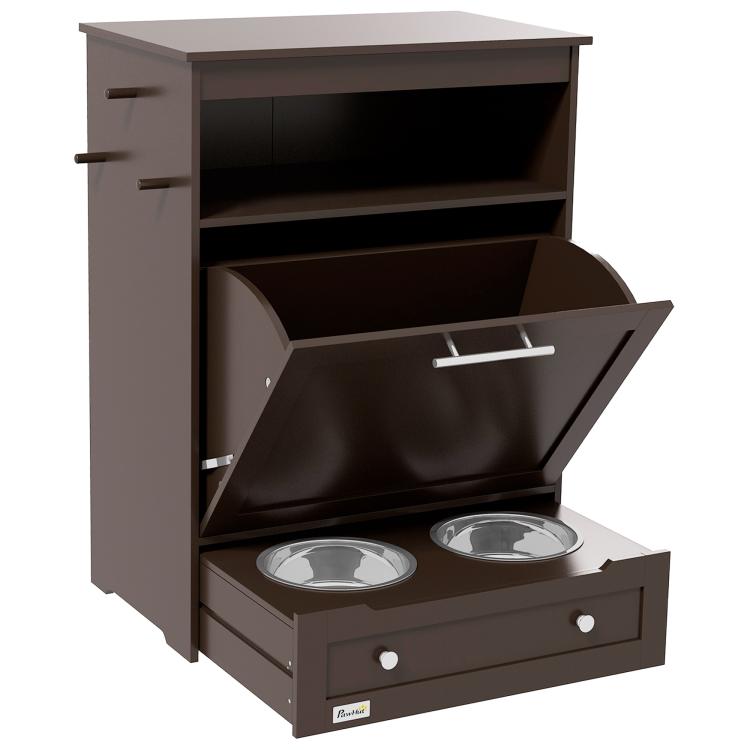 Gray pet feeder storage cabinet with open door, two raised stainless steel food bowls