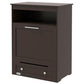 Gray pet feeder storage cabinet with top shelf and front drawer, closed door