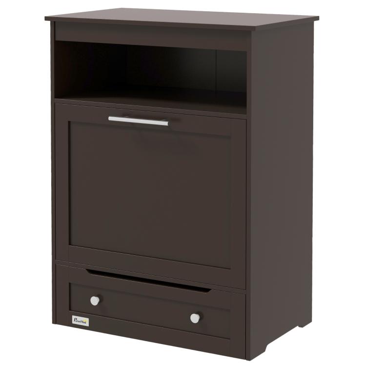 Gray pet feeder storage cabinet with top shelf and front drawer, closed door