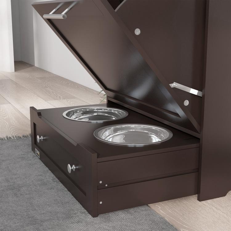Gray pet feeder station storage cabinet with two raised stainless steel bowls