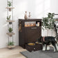 Gray pet feeder cabinet with open compartment and raised bowls, in a home setting
