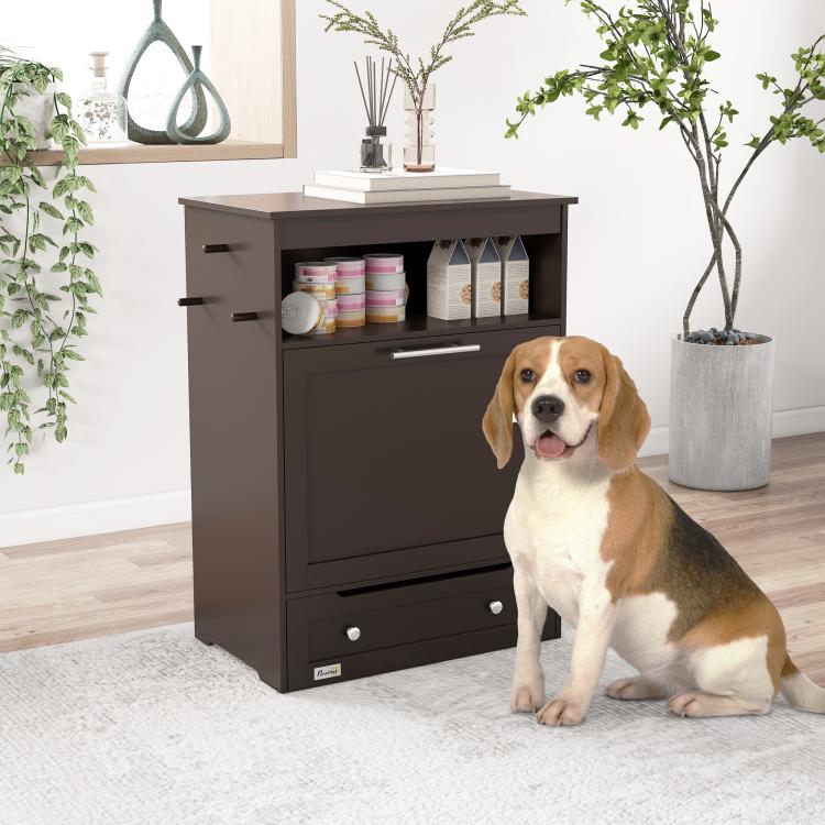 Gray pet feeder storage cabinet with doors and drawer, displayed with seated dog