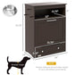 Gray pet feeder cabinet with dimension diagram and pull-out drawer for storage