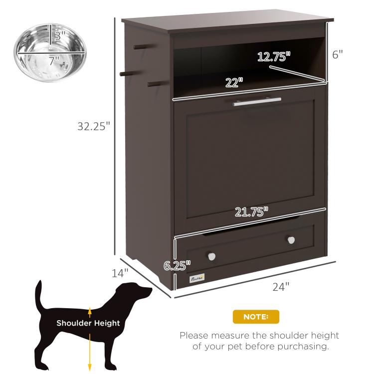 Gray pet feeder cabinet with dimension diagram and pull-out drawer for storage