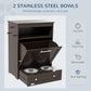 Gray pet feeder cabinet with open tray and two stainless steel bowls, removable design