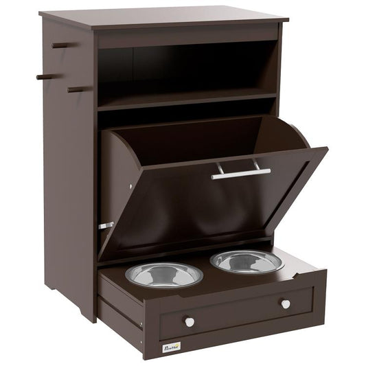 Gray pet feeder storage cabinet with open door, two raised stainless steel food bowls