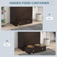 Gray pet feeder cabinet with hidden food compartment, drawer front with bowls