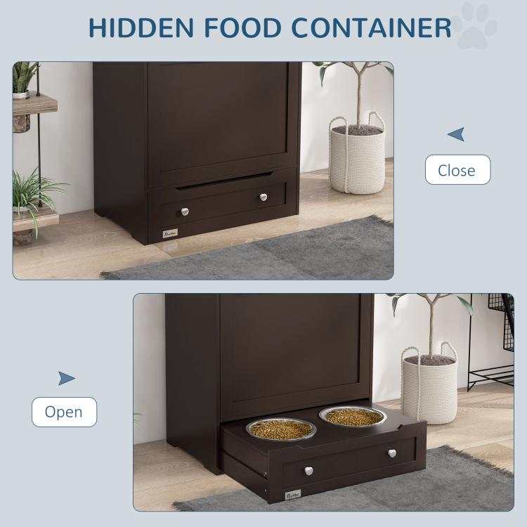 Gray pet feeder cabinet with hidden food compartment, drawer front with bowls